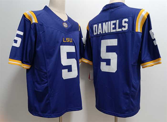 Men%27s LSU Tigers #5 Jayden Daniels Blue Stitched Jersey